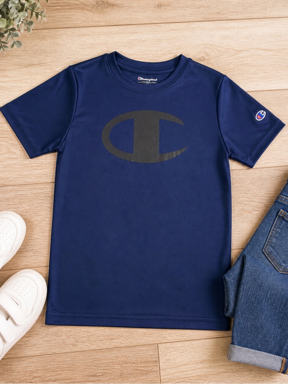 Boys Champion Navy Short Sleeve Athletic Tee with Black Logo - Medium Kids